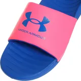 Ojotas Under Armour modelo Ansa Fix, con base azul y tira superior rosada con el logo de la marca estampado en azul.