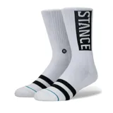 Medias blancas de caña media con tres rayas horizontales negras en el tobillo y logo de la marca en el lateral.