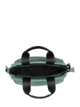 Cartera tipo tote de diseño estructurado en color verde, con doble asa de mano y correa larga ajustable y extraíble. Presenta el logo de la marca estampado en el frente y detalles de cintas con inscripciones en las asas.