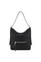 Cartera tipo hobo de color negro, con diseño estructurado, asa larga para el hombro y bolsillo frontal con cierre y tirador decorativo de cordón.