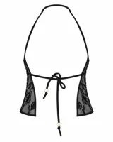 Top halter de tul bordado con flores y lentejuelas, con escote en V, tiras para atar al cuello, corte debajo del busto y ruedo asimétrico.