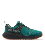 Calzado de trekking Columbia modelo Konos Trs Outdry, color verde azulado con detalles en negro y suela naranja. Diseñado para senderismo con tecnología impermeable OutDry y suela Omni-Max para mayor tracción y amortiguación.