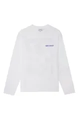 Camiseta de manga larga color blanco, con cuello redondo y estampado pequeño en el pecho con la frase 'Comfy Cooking'.