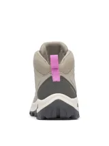 Bota de senderismo Columbia modelo Transverse Hike, color gris topo con detalles en rosa. Presenta una construcción impermeable con parte superior de cuero y malla, entresuela amortiguada y suela de goma con tracción avanzada.