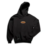 Canguro negro con capucha, cordones ajustables y bolsillo tipo canguro al frente. Presenta un parche bordado ovalado en el pecho con diseño en tonos naranjas y blancos, y una etiqueta pequeña de la marca en el elástico inferior.