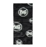 Cuello multifuncional Buff de diseño tubular, confeccionado en tejido elástico con estampado gráfico de camuflaje en tonos grises y negros con el logo de la marca. Ofrece protección solar y versatilidad para diversas actividades al aire libre.