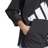 Canguro negro de Adidas, línea Essentials, con capucha y cordones ajustables. Logo de Adidas estampado en blanco en el frente.