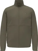 Campera verde militar estilo blouson, con cuello alto, cierre frontal de cremallera, bolsillos laterales y logo de la bandera de Tommy Hilfiger en el pecho.