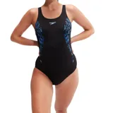 Malla enteriza de natación Speedo, color negro con estampado abstracto curvo en azul.