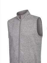 Chaleco de tejido tipo polar o bucle, color gris jaspeado, con cuello alto y cierre frontal completo. Presenta bolsillos laterales con cierre.