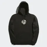 Canguro negro con capucha y bolsillo delantero, con estampado circular en el pecho con diseño de yin yang.