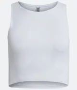 Top cropped sin mangas, color marrón oscuro, de corte ajustado al cuerpo y cuello redondo. Presenta textura acanalada.