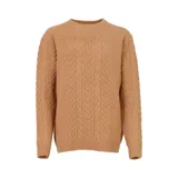 Sweater de punto color tostado con diseño de trenzas verticales, cuello redondo y mangas largas.