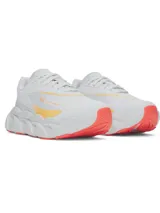 Championes de running Under Armour modelo Halo Runner SE, color blanco con detalles en naranja y amarillo. Presentan amortiguación reactiva UA HOVR+ para mayor retorno de energía y una suela de goma duradera diseñada para brindar tracción y estabilidad en asfalto.