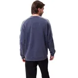 Buzo de cuello redondo Rusty con diseño de bloques de color en azul marino y verde, con detalles de líneas blancas y logo bordado en el pecho.