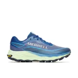 Championes Merrell Agility Peak 6 en color azul oscuro, con detalles en azul claro y suela verde menta. Diseñados para trail running, cuentan con parte superior de malla transpirable, cierre de cordones, entresuela FloatPro+ y suela Vibram MegaGrip para tracción en diversas superficies.