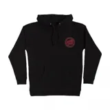 Canguro negro con capucha y cordones ajustables, bolsillo frontal tipo canguro y pequeño estampado circular rojo de la marca en el pecho.