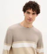 Suéter de punto con cuello redondo y manga larga, diseñado con un patrón de bloques de color en tonos beige, blanco y gris. Presenta un corte regular que se ajusta de forma anatómica al cuerpo.