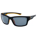 Lentes de sol deportivos Caterpillar modelo Cts Ridge, con armazón negro de acabado mate y detalles en color naranja. Cuentan con cristales polarizados con protección UVA+B y almohadillas nasales de goma.