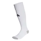 Medias de fútbol largas Adidas, color blanco con logo negro y detalles en gris en la puntera y el talón. Cuentan con refuerzo en el arco plantar y paneles acolchados para mayor amortiguación.