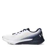 Championes de running Under Armour Charged Rogue 4, color blanco con detalles en azul marino y celeste, con diseño de malla transpirable y suela con amortiguación Charged Cushioning.