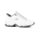 Championes deportivos Skechers Hands Free Slip-ins E'Lite Afterburn, color blanco con detalles en gris. Diseñados con tecnolog
ía Heel Pillow, capellada de cuero y sint
ético con cordones el
ásticos, plantilla acolchada Skechers Air-Cooled Memory Foam y suela de tracci
ón flexible.