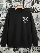 Canguro negro de felpa con capucha y bolsillo delantero. Estampado en el pecho con el logo de Sanji del anime One Piece.