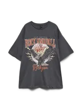Camiseta gris oscuro de manga corta y corte oversize, con estampa frontal de águila y la leyenda 'Rock and Roll'.