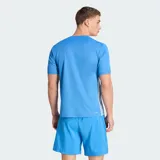 Remera deportiva Adidas de entrenamiento, color azul, con cuello redondo y mangas cortas. Presenta las icónicas tres rayas blancas en los laterales y el logo de la marca en el pecho. Confeccionada en tejido técnico transpirable con tecnología Climacool.