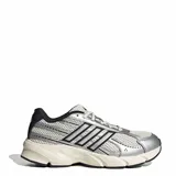 Championes Adidas modelo Technochaos 2000 W, con diseño de inspiración retro de running, capellada de malla blanca con superposiciones metalizadas en color plateado, detalles en negro y suela amortiguada con tecnología Cloudfoam en color blanco y negro.