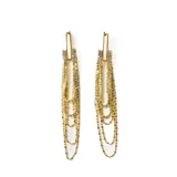 Aros colgantes dorados con forma rectangular en la parte superior, seguidos de una sección con strass y múltiples cadenas colgantes de diferentes largos.