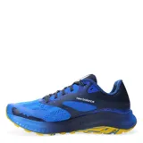 Championes de trail running New Balance DynaSoft Nitrel V5, con diseño en tonos azules y detalles en amarillo. Presentan malla técnica transpirable, refuerzos sin costuras, entresuela DynaSoft para amortiguación y suela AT Tread para tracción en diversos terrenos.