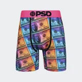 Calzoncillos tipo bóxer con estampado de billetes de 100 dólares en tonos naranja, violeta y celeste. Tiene cintura elástica fucsia con logo de la marca.
