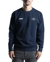 Buzo de cuello redondo confeccionado en felpa, color azul marino. Presenta un estampado frontal con el número 1956 y un diseño de círculos entrelazados en color blanco.