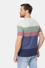 Remera de manga corta con diseño de bloques de colores horizontales en tonos gris, verde, rosado, azul y azul marino. Presenta cuello redondo y un pequeño bordado en el pecho.