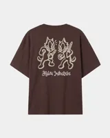 Remera marrón oversize de manga corta con estampado gráfico en la espalda de dos gatos de estilo retro con cuchillos y texto "Kahoa Industries".