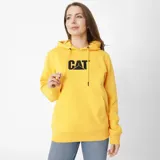 Canguro amarillo con capucha ajustable y bolsillo tipo canguro. Logo CAT estampado en negro en el pecho.