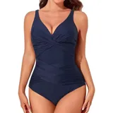 Malla entera color azul marino con diseño cruzado en el frente que brinda efecto de control de abdomen. Posee escote en V y breteles anchos.