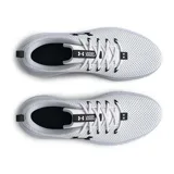 Championes de running Under Armour modelo Phade RN 2, color blanco con detalles en negro. Presentan una parte superior de malla ligera y transpirable, entresuela con amortiguación de EVA y suela de goma resistente con ranuras flexibles.