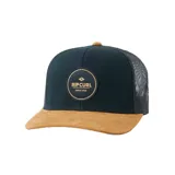 Gorro tipo trucker Rip Curl Routine Curve con visera curva de gamuza marrón, panel frontal negro y malla trasera negra. Cuenta con un parche circular bordado con el logo de la marca en el centro.