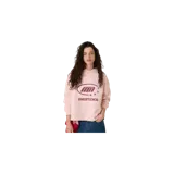 Hoodie oversize de Eme Studios color rosado, con capucha, mangas largas y puños elastizados. Presenta un estampado gráfico frontal en color bordó con el logotipo y estrellas de la marca.