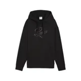 Buzo con capucha Puma, color negro, con bolsillo frontal tipo canguro y logo de la marca bordado en el pecho con tipografía cursiva.