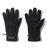 Guantes de polar Columbia modelo Steens Mountain, color negro, con logo bordado en el dorso y detalle de clip de sujeción en la muñeca.