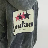 Canguro gris con capucha, bolsillo delantero tipo canguro y logo de la marca estampado en el pecho.