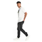 Pantalón de jean corte skinny color gris oscuro con efecto desgastado, diseño de cinco bolsillos, cierre de cremallera y botón metálico con logo de la marca.