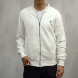 Campera bomber color blanco hueso de algodón extra suave, con cierre frontal y bolsillos laterales.