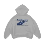 Buzo hoodie gris con estampado azul en la espalda que dice "Celestial power" y un diseño de una estrella fugaz.