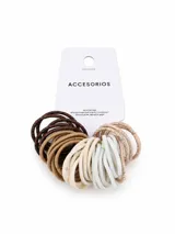 Pack de 30 coleros elásticos para el cabello en tonos neutros, incluyendo marrón oscuro, beige, crema y blanco, con algunos modelos con acabado brillante.