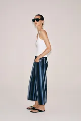 Jeans culotte de tiro medio ZW Collection con estampado de rayas verticales en tonos azules, celestes y negros. Cuenta con diseño de cinco bolsillos y cierre frontal con cremallera y botón.