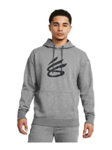 Buzo con capucha Under Armour Curry Splash, color gris jaspeado, con bolsillo canguro frontal y logo de Stephen Curry estampado en negro en el pecho. Presenta hombros caídos, capucha con cordones ajustables y puños y bajo acanalados.